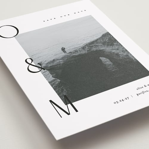 This is a moon petite save the dates with standard by Pixel and Hank called initial printing on recycled smooth signature in petite