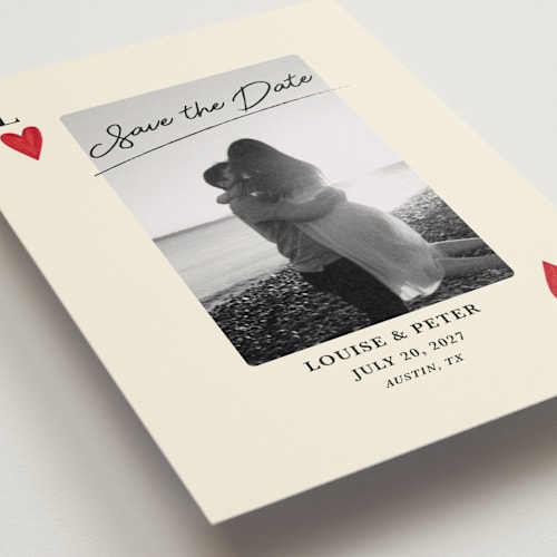 This is a champagne petite save the dates with standard by Helena Vitto called red hearts printing on recycled smooth signature in petite