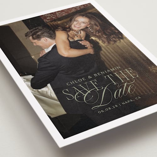 This is a moss petite save the dates with standard by Kelly Schmidt called woods printing on recycled smooth signature in petite