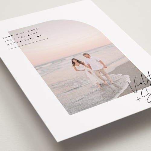 This is a silk petite save the dates with standard by Kelly Schmidt called small corner printing on recycled smooth signature in petite