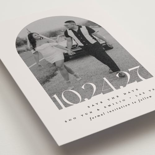 This is a latte petite save the dates with standard by Brooke Chandler called era printing on recycled smooth signature in petite