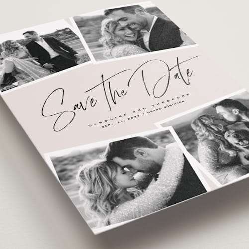 This is a vanilla petite save the dates with standard by Lea Delaveris called our collage printing on recycled smooth signature in petite