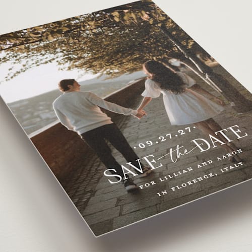 This is a powder petite save the dates with standard by Carolyn MacLaren called together forever printing on recycled smooth signature in petite