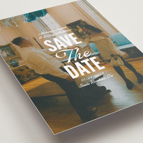 This is a lily petite save the dates with standard by Owl and Toad called full page printing on recycled smooth signature in petite