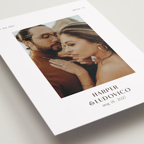 This is a diamond petite save the dates with standard by chocomocacino called banofee printing on recycled smooth signature in petite