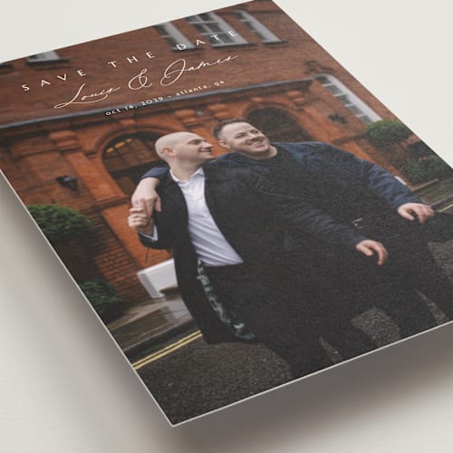 This is a lace petite save the dates with standard by Kaydi Bishop called aloft printing on recycled smooth signature in petite