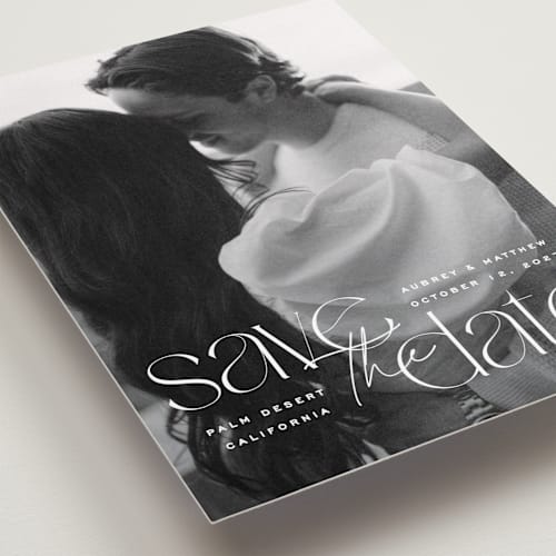 This is a moonstone petite save the dates with standard by Owl and Toad called type layers printing on recycled smooth signature in petite