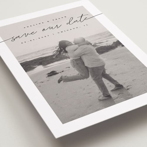 This is a tuxedo petite save the dates with standard by Pixel and Hank called simple details printing on recycled smooth signature in petite