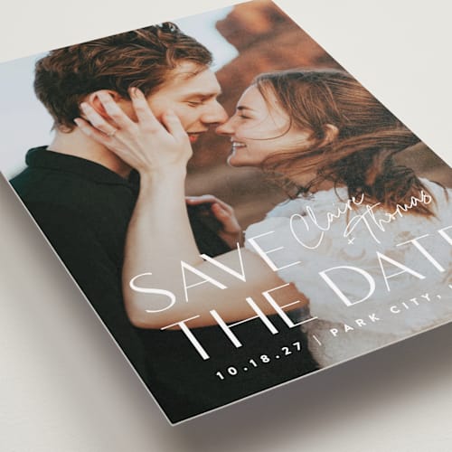 This is a cloud petite save the dates with standard by Carolyn MacLaren called cover printing on recycled smooth signature in petite