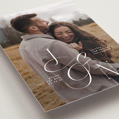 This is a ivory petite save the dates with standard by Phrosné Barwood called beautiful monogram printing on recycled smooth signature in petite
