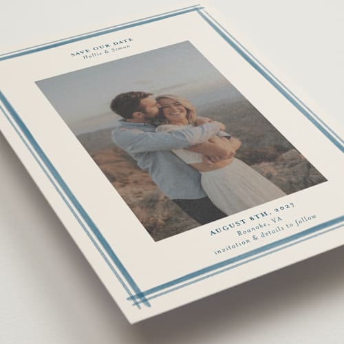 This is a indigo petite save the dates with standard by Hannah Bowman called gingham border printing on recycled smooth signature in petite