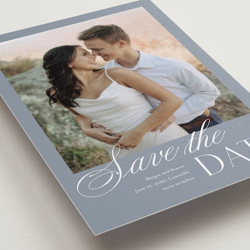 This is a french blue petite save the dates with standard by Stacey Meacham called classic manor printing on recycled smooth signature in petite