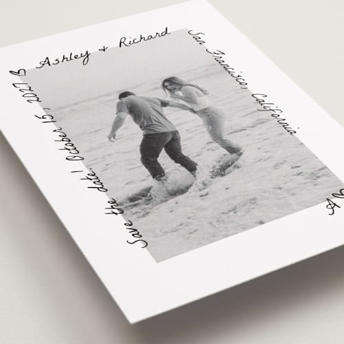 This is a graphite petite save the dates with standard by Claudia Orengo called showered printing on recycled smooth signature in petite