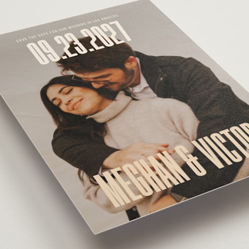 This is a honey petite save the dates with standard by letterfix called ensemble printing on recycled smooth signature in petite