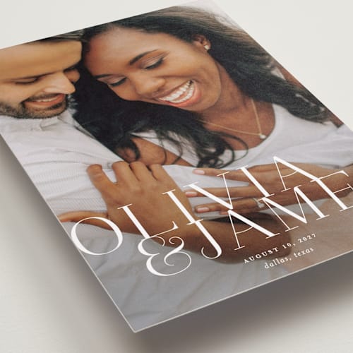 This is a pearl petite save the dates with standard by Lauren Chism called this couple printing on recycled smooth signature in petite