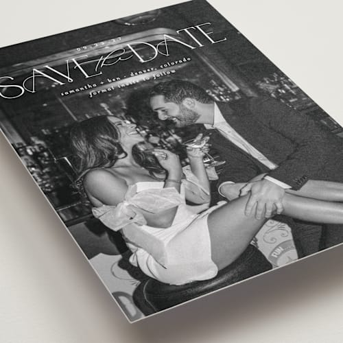 This is a pearl petite save the dates with standard by Brooke Chandler called elegant fete printing on recycled smooth signature in petite