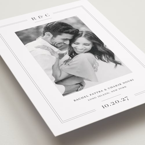 This is a mocha petite save the dates with standard by Meagan Christensen called alcott printing on recycled smooth signature in petite
