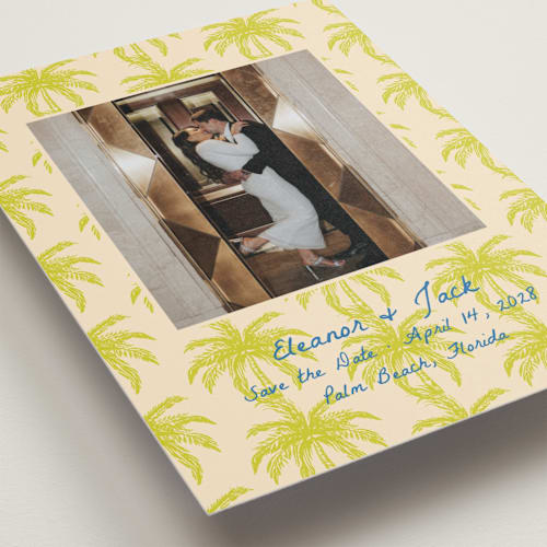 This is a limon petite save the dates with standard by Megan Davis called palm beach printing on recycled smooth signature in petite