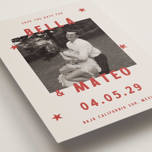 This is a sierra petite save the dates with standard by Ani Somi called coyota printing on recycled smooth signature in petite