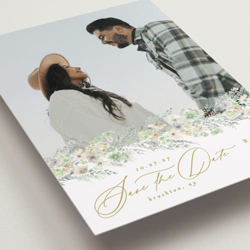 This is a greenery petite save the dates with standard by Phrosné Barwood called floral arch printing on recycled smooth signature in petite