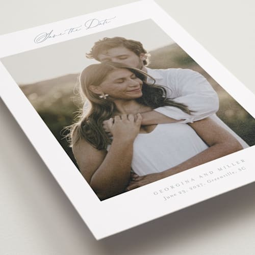 This is a dusty blue petite save the dates with standard by Stacey Meacham called modern air printing on recycled smooth signature in petite