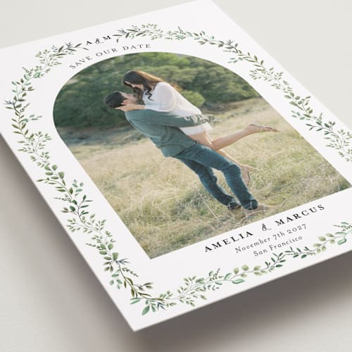 This is a mojito petite save the dates with standard by Susan Moyal called monogramed arch printing on recycled smooth signature in petite