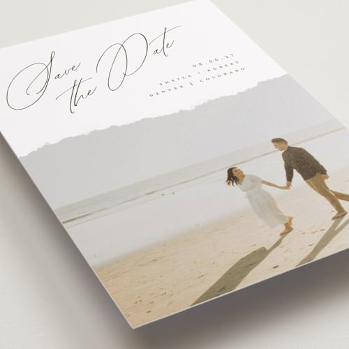 This is a moonstone petite save the dates with standard by Helen Halik called weightless printing on recycled smooth signature in petite