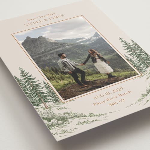 This is a forest petite save the dates with standard by Elly called whispering pines printing on recycled smooth signature in petite