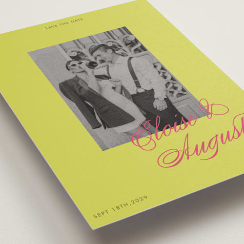 This is a flamingo petite save the dates with standard by Morgan Kendall called maximalist poppies printing on recycled smooth signature in petite