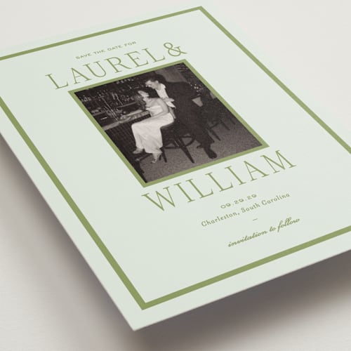 This is a forest petite save the dates with standard by Sara Hicks Malone called dewberry printing on recycled smooth signature in petite