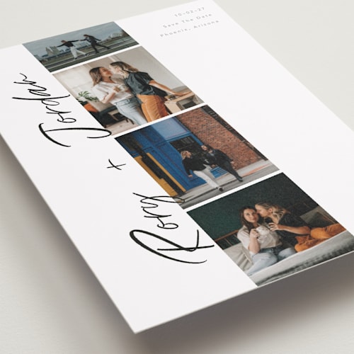 This is a vanilla petite save the dates with standard by Chryssi Tsoupanarias called photobooth love printing on recycled smooth signature in petite
