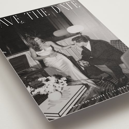 This is a snow petite save the dates with standard by Maja Cunningham called classic timeless printing on recycled smooth signature in petite