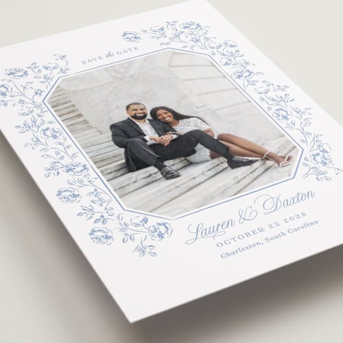 This is a sky petite save the dates with standard by Robert and Stella called framed florals printing on recycled smooth signature in petite