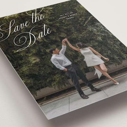 This is a pearl petite save the dates with standard by Pixel and Hank called enamored printing on recycled smooth signature in petite