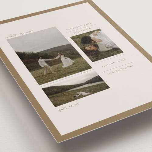 This is a linen petite save the dates with standard by Bramble Studio called savour printing on recycled smooth signature in petite