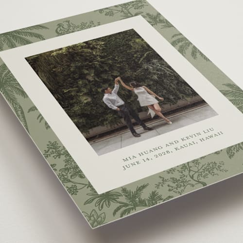 This is a jungle petite save the dates with standard by Jenna Holcomb called tropicale printing on recycled smooth signature in petite