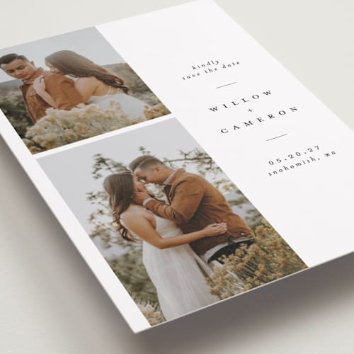 This is a snow petite save the dates with standard by Joanna Griffin called classic printing on recycled smooth signature in petite