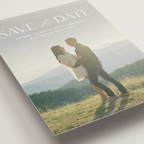 This is a cloud petite save the dates with standard by Kate Ahn called monterosso printing on recycled smooth signature in petite