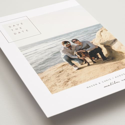 This is a moonstone petite save the dates with standard by Eric Clegg called offset printing on recycled smooth signature in petite