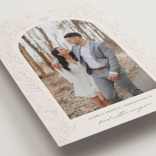 This is a sienna petite save the dates with standard by Jen Owens called botanical arch printing on recycled smooth signature in petite