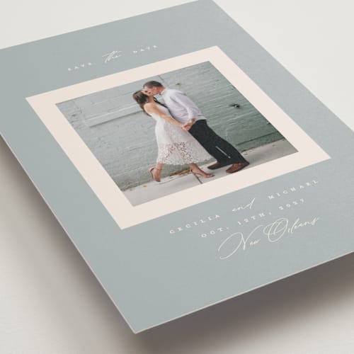 This is a mist petite save the dates with standard by Gwen Bedat called simply said printing on recycled smooth signature in petite