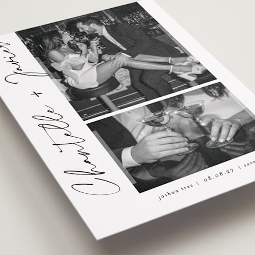 This is a onyx petite save the dates with standard by Sarah Curry called ink pen printing on recycled smooth signature in petite