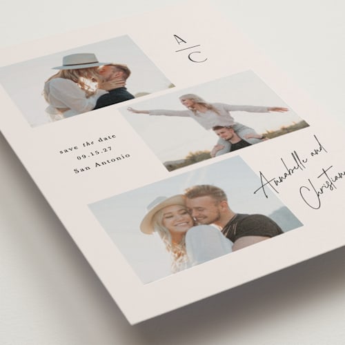 This is a natural petite save the dates with standard by Mansi Verma called love trio printing on recycled smooth signature in petite