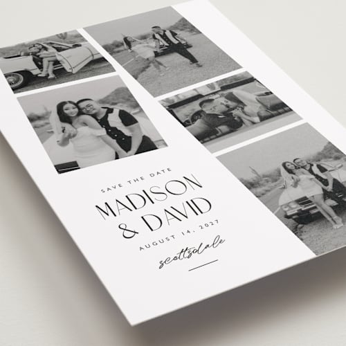 This is a sugar petite save the dates with standard by Jessica Williams called photo booth printing on recycled smooth signature in petite