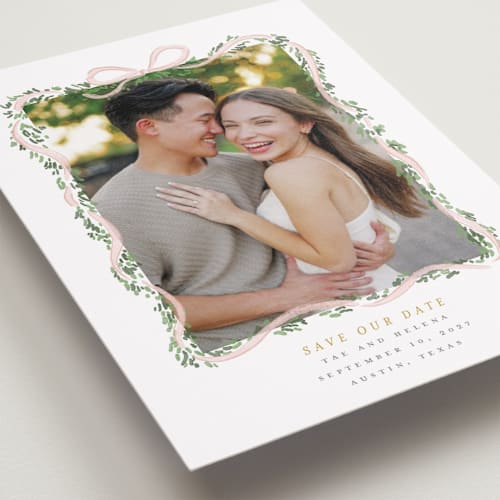 This is a blush petite save the dates with standard by Itsy Belle Studio called ribbonly frame printing on recycled smooth signature in petite