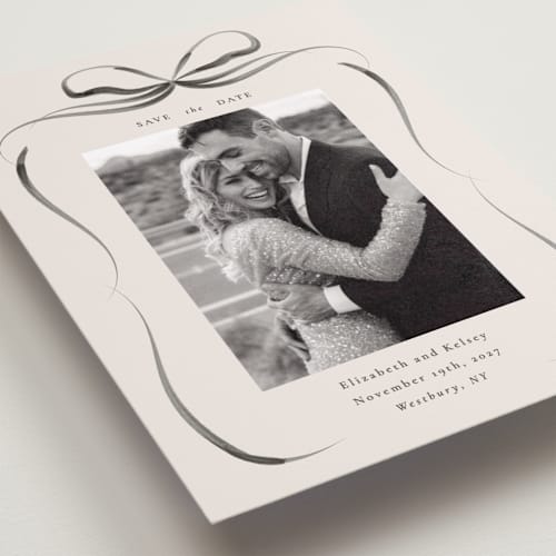 This is a tuxedo petite save the dates with standard by Corinne Malesic called bow printing on recycled smooth signature in petite