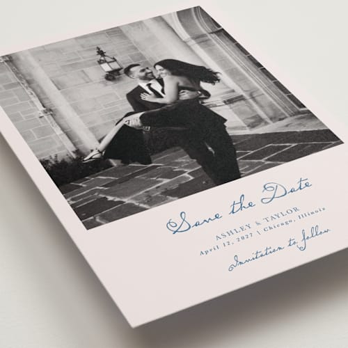 This is a royal petite save the dates with standard by Cass Loh called swan crest printing on recycled smooth signature in petite