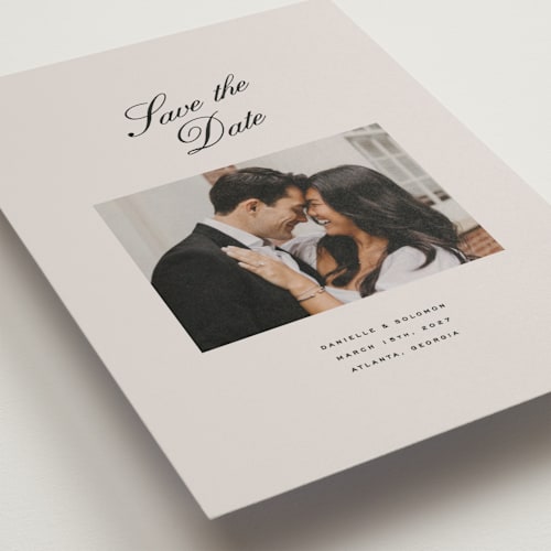 This is a clay petite save the dates with standard by Olivia Kanaley Inman called hayworth printing on recycled smooth signature in petite
