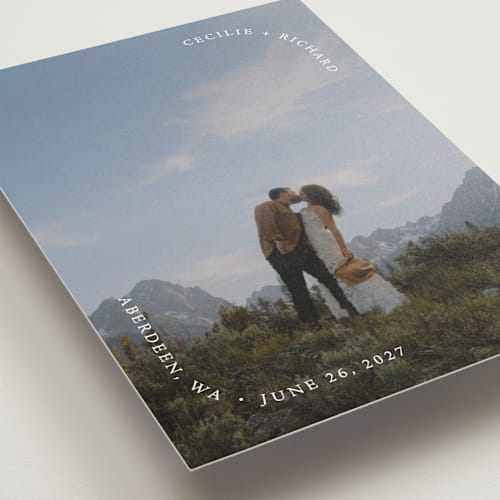 This is a crystal petite save the dates with standard by Leia Matt called soft morning printing on recycled smooth signature in petite