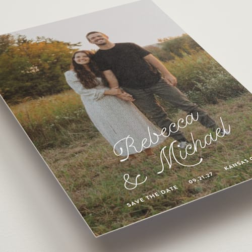 This is a quartz petite save the dates with standard by Paper Raven Co. called fairfield printing on recycled smooth signature in petite